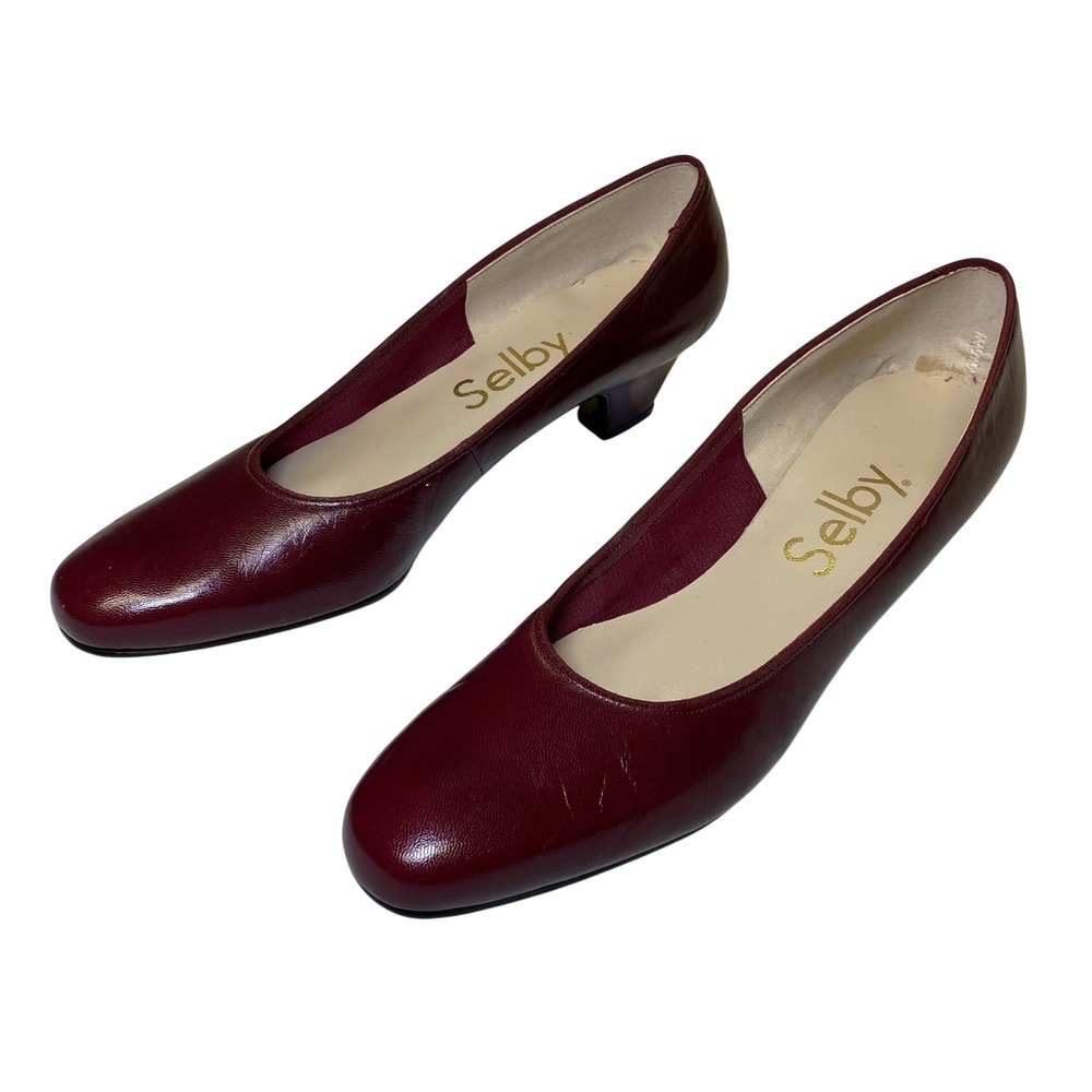 Selby Vintage Burgundy Leather Low Heel Pumps Women's Size‎ 9 D Wide USA